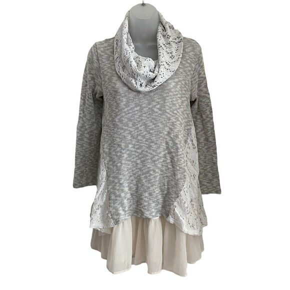 Altar'd State XS Blouse Tunic Top Cowl Neck Eyelet Lace Gray Flowy - Picture 1 of 7